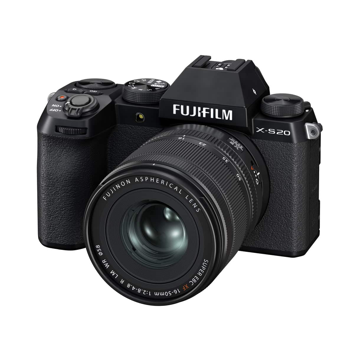 Fujifilm X-S20 Kamera mit 16-50mm Objektiv, schwarz, Nahaufnahme.