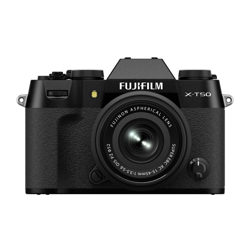 Fujifilm X-T50 Kamera mit 16-50mm Objektiv in Schwarz.