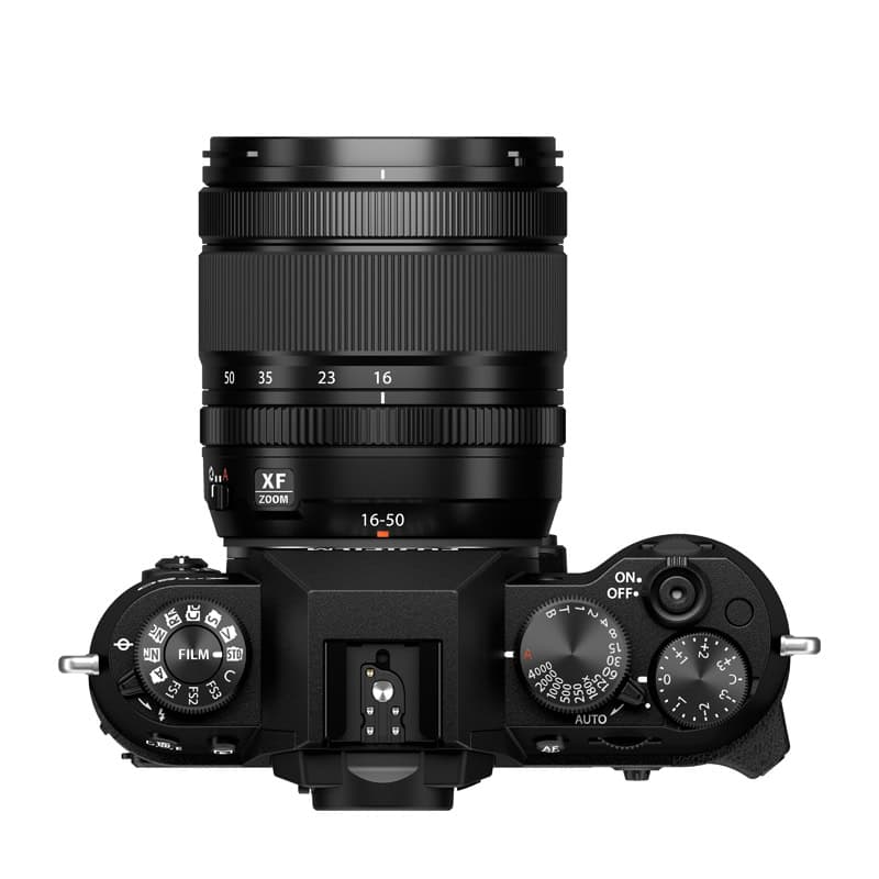 Fujifilm X-T50 mit XF16-50mm F2.8-4.8 R LM WR Objektiv, Ansicht von oben.