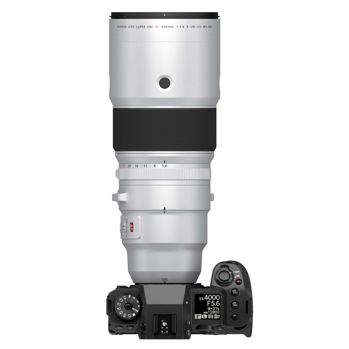 Fujinon XF500mm F5.6 R LM OIS WR Objektiv auf Kamera montiert.